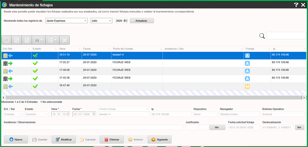 Se pueden incluir fichajes manuales, adjuntar datos, modificar, filtrar, etc. (Por ley no se pueden manipular los fichajes automáticos).