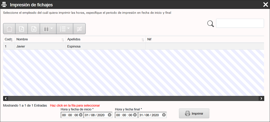 Se pueden imprimir las horas indicando las fechas de interés, imprimir las horas mensuales por empleado o el de todos los empleados a la vez.